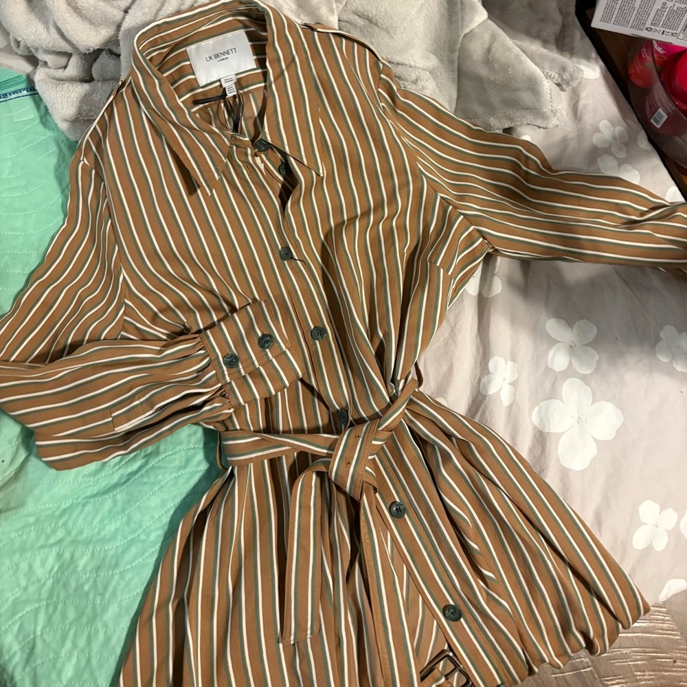 LK Bennett Tan and White Striped Long Sleeve Dress - Picture 7 of 7